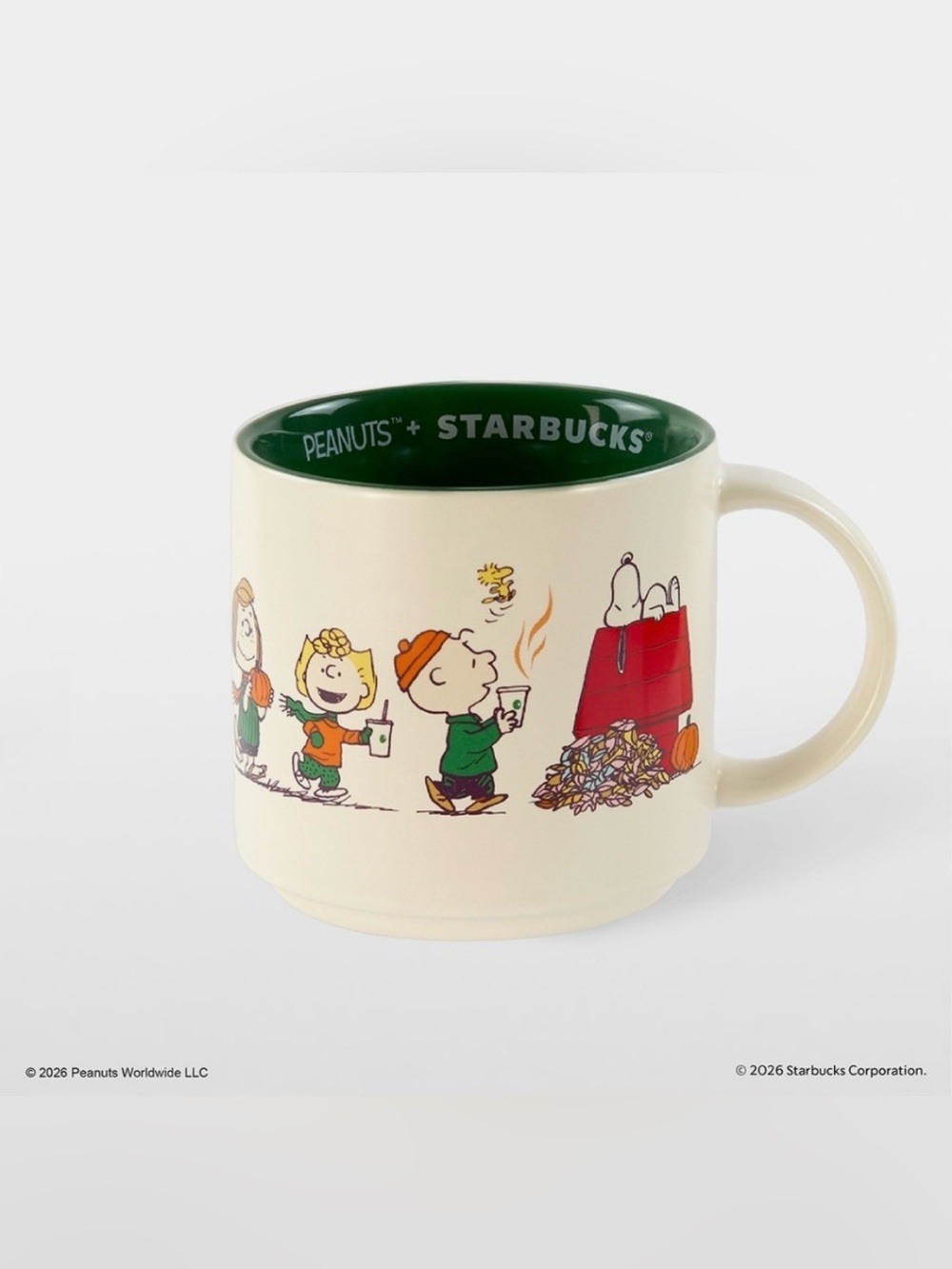 Starbucks Peanuts Cream Mug with Green Interior and Multicolor Characters